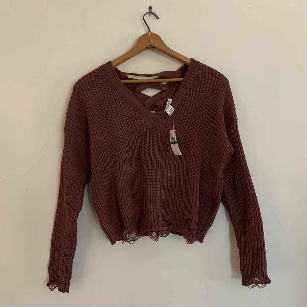 *NWT* Macy’s | Planet Gold Distressed Sweater with Laced Back